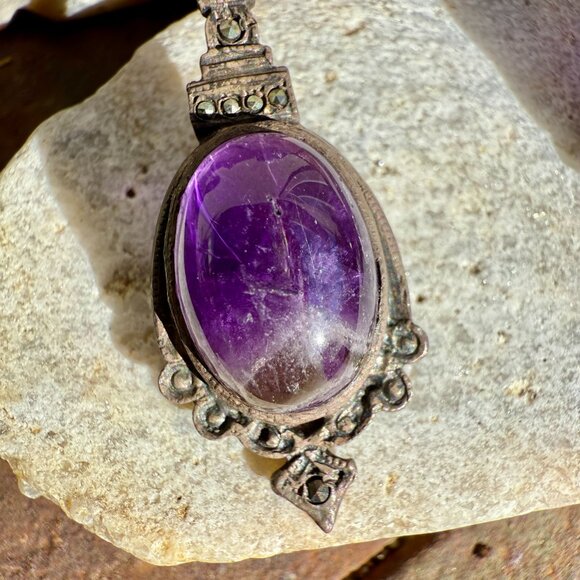 Vintage Sterling Silver Grape Amethyst Marcasite Pierced Earrings - Picture 2 of 7